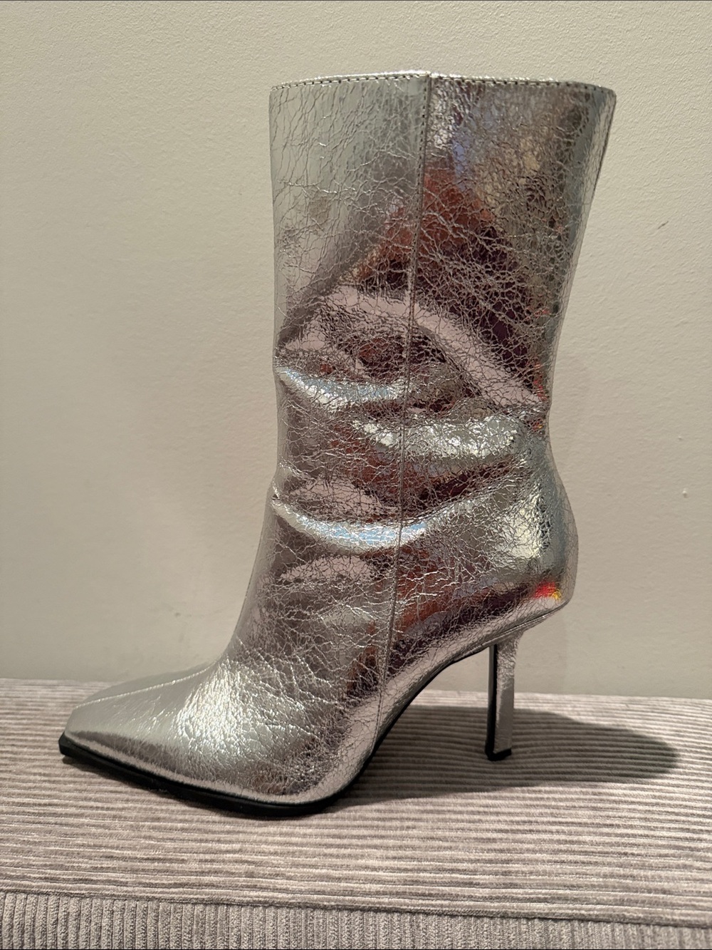 Zara Silver Metallic Pointed-Toe Mid-Calf Stiletto Boot